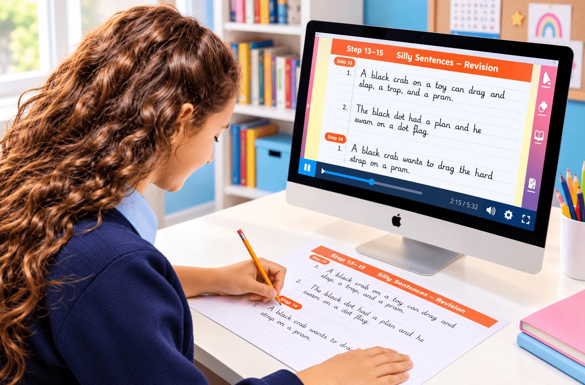 Left-handed girl practising handwriting at home using the Magic Link online handwriting programme, following video lessons and completing a cursive handwriting worksheet.
